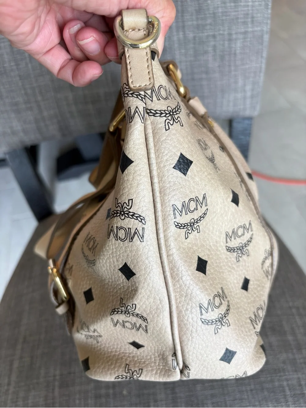 MCM Beige Logo Tote Bag - Classic Printed Leather